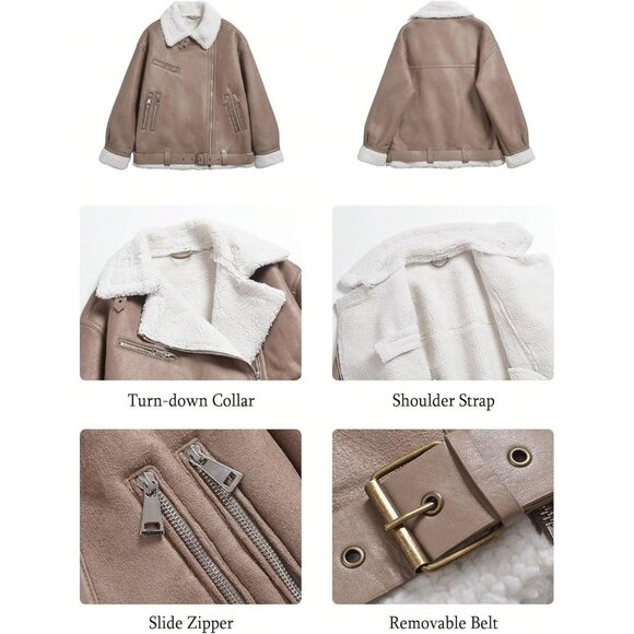 Women khaki LY VAREY LIN Faux Leather Sherpa Aviator Bomber Jacket - Picture 7 of 7